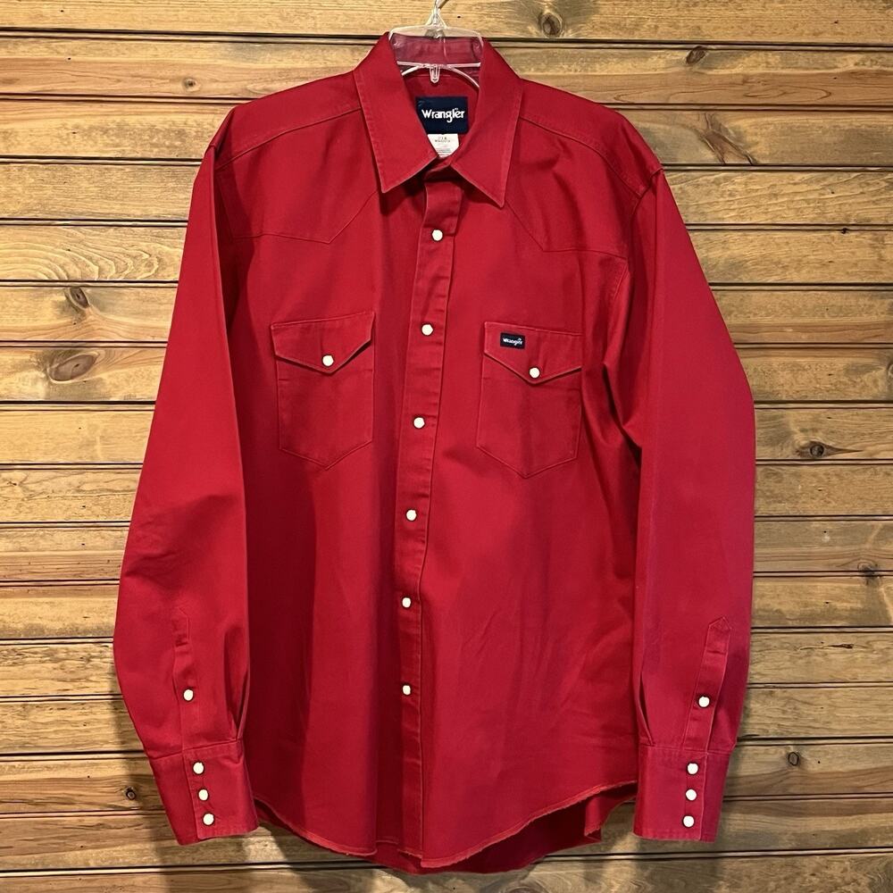 Wrangler Men’s Pearl Snap Red Brush Popper Shirt 17x36 Long Sleeve Western